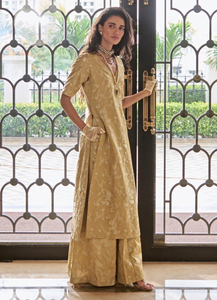 Muted Beige Gold Jacquard Kurta Pants Set Paulmi and Harsh - Fabilicious Fashion