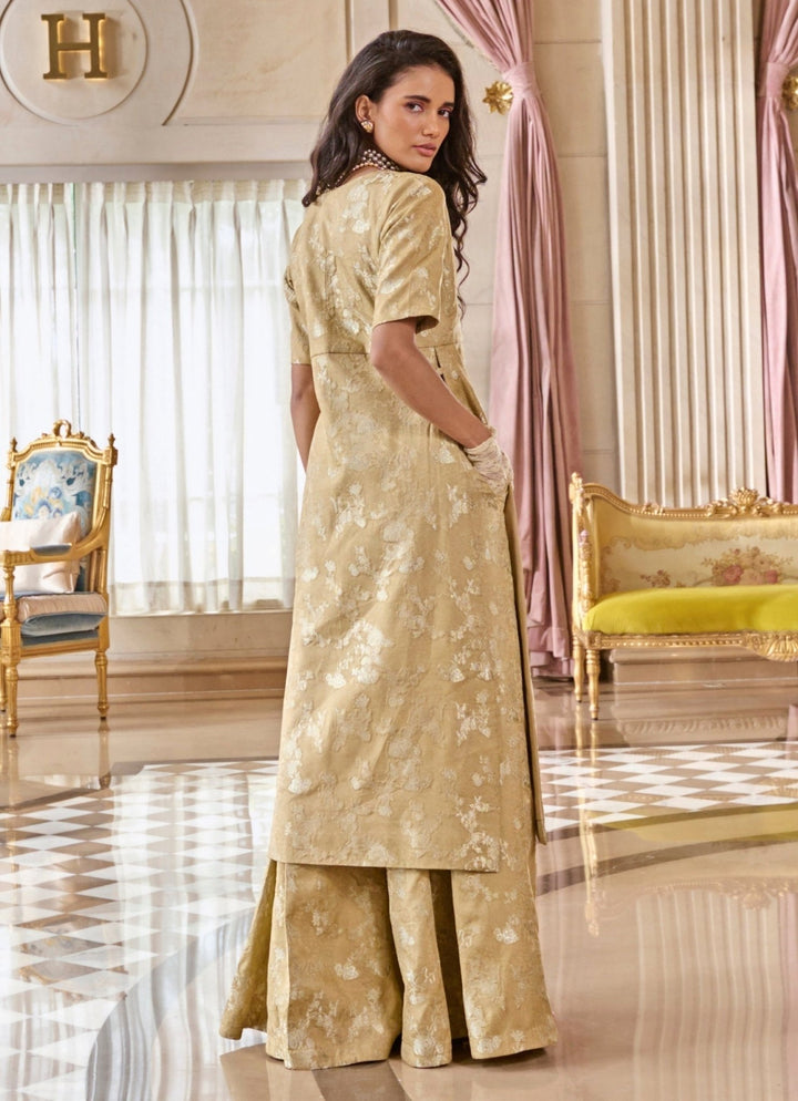 Muted Beige Gold Jacquard Kurta Pants Set Paulmi and Harsh - Fabilicious Fashion