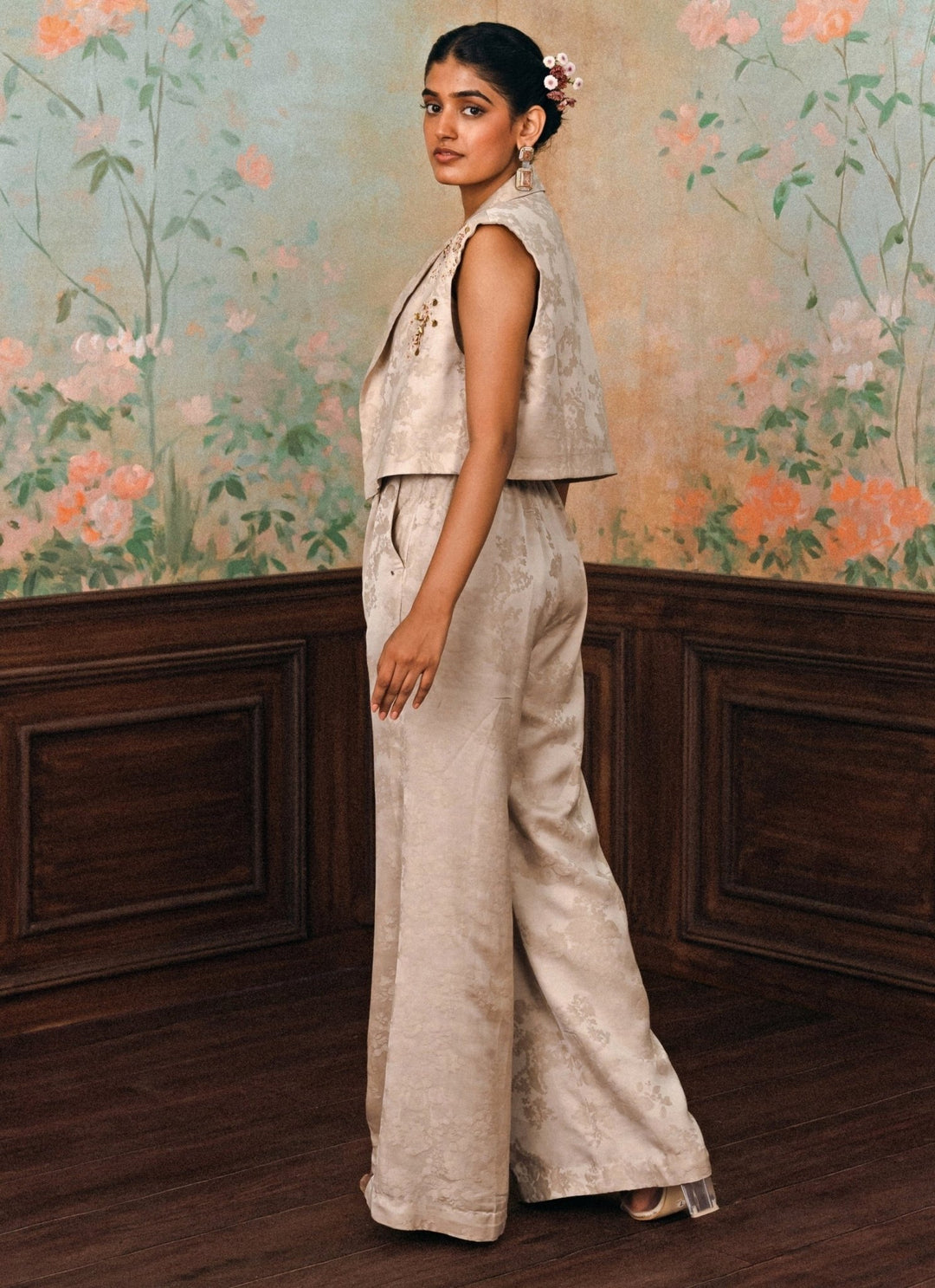 Paulmi and Harsh Muted Beige Jacquard Jacket Pants SetFabilicious Fashion
