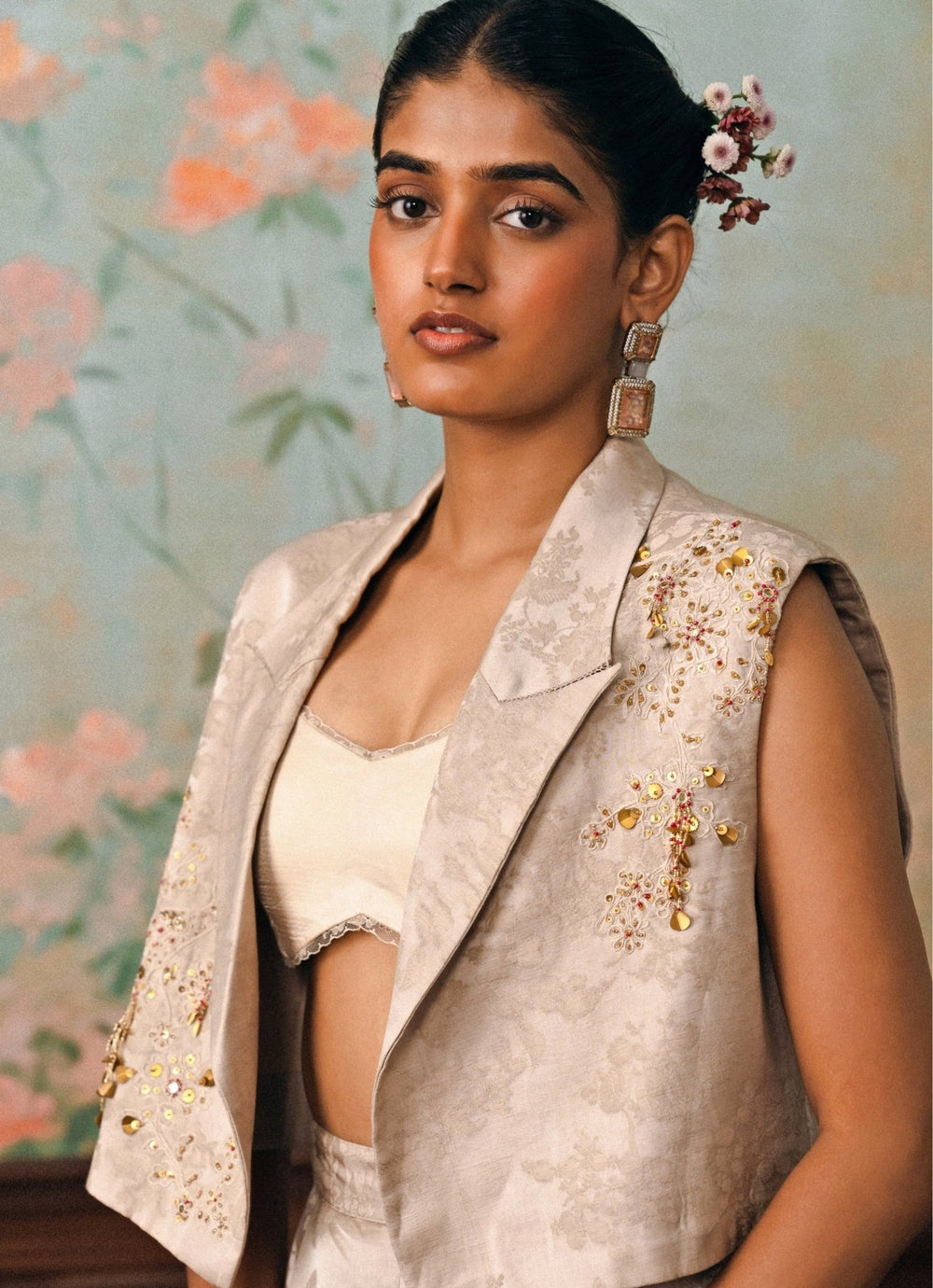 Paulmi and Harsh Muted Beige Jacquard Jacket Pants SetFabilicious Fashion