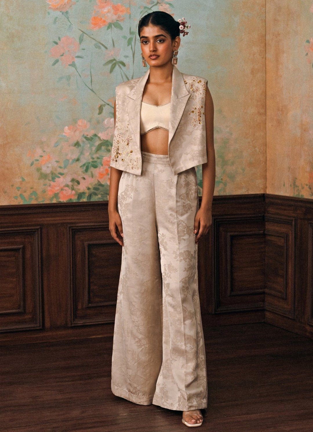 Paulmi and Harsh Muted Beige Jacquard Jacket Pants SetFabilicious Fashion