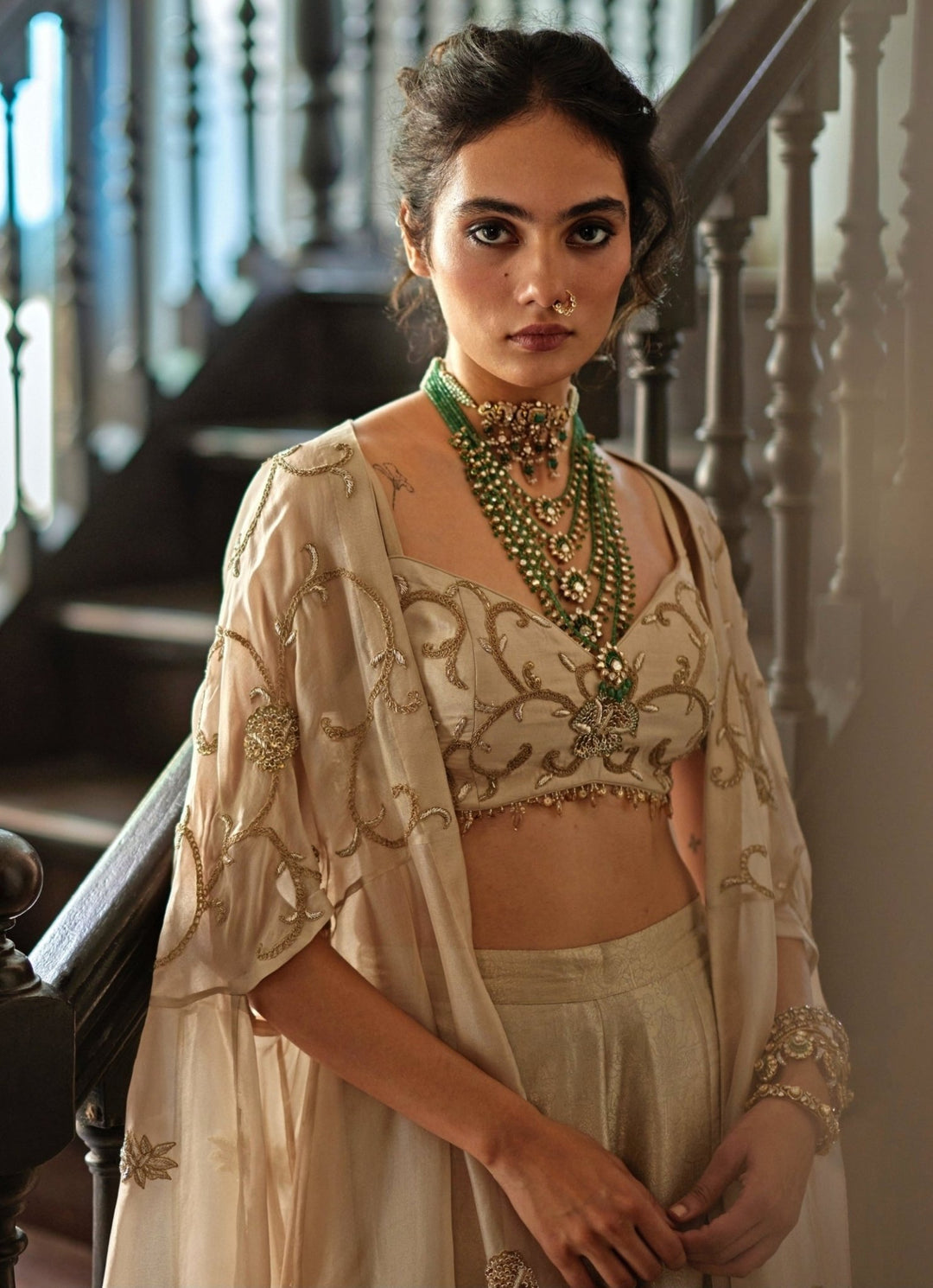 Muted Beige Jamavar Silk Palazzo Cape Set Paulmi and Harsh - Fabilicious Fashion