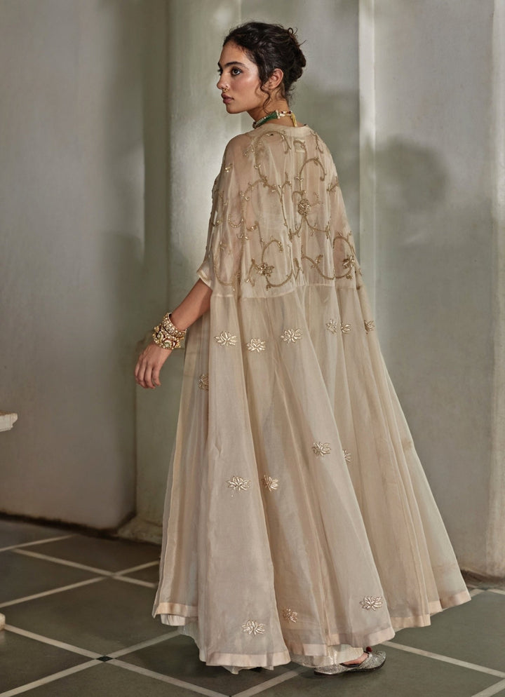 Muted Beige Jamavar Silk Palazzo Cape Set Paulmi and Harsh - Fabilicious Fashion