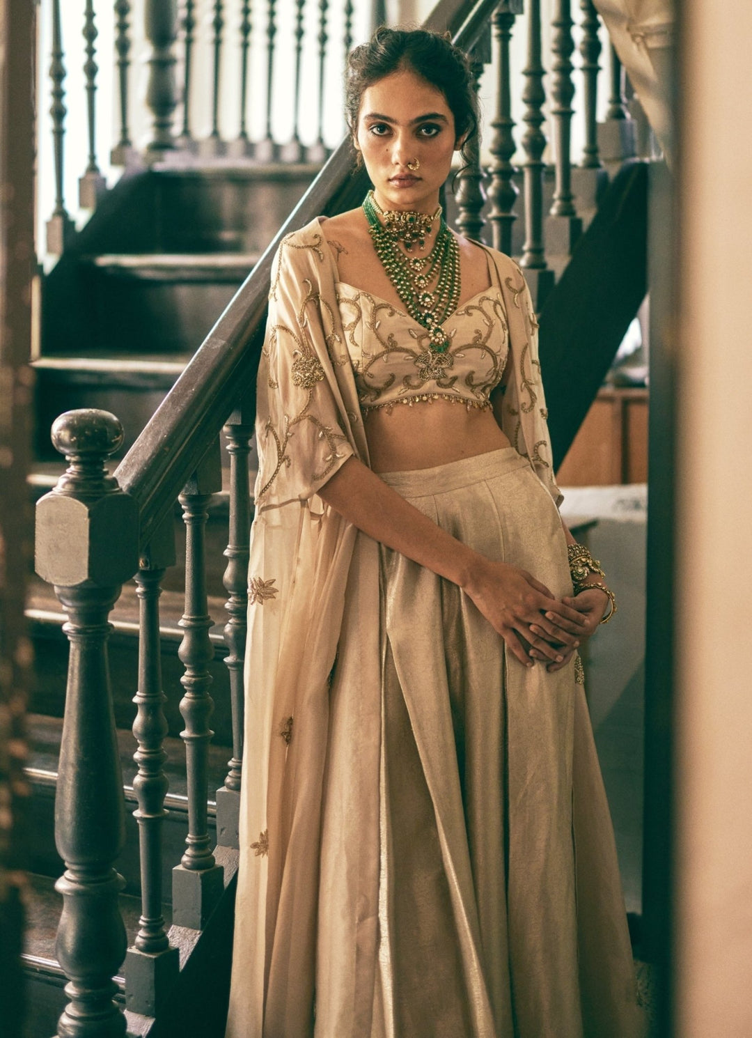 Muted Beige Jamavar Silk Palazzo Cape Set Paulmi and Harsh - Fabilicious Fashion