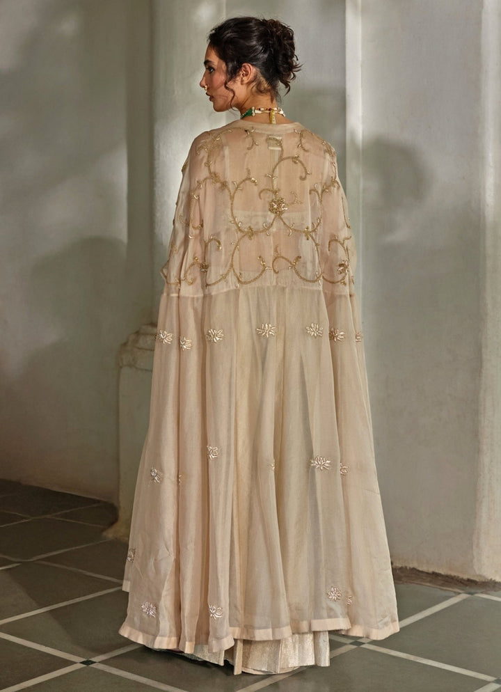 Muted Beige Jamavar Silk Palazzo Cape Set Paulmi and Harsh - Fabilicious Fashion