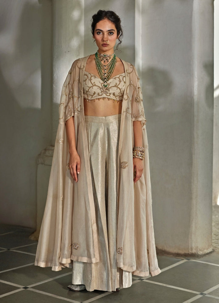 Muted Beige Jamavar Silk Palazzo Cape Set Paulmi and Harsh - Fabilicious Fashion