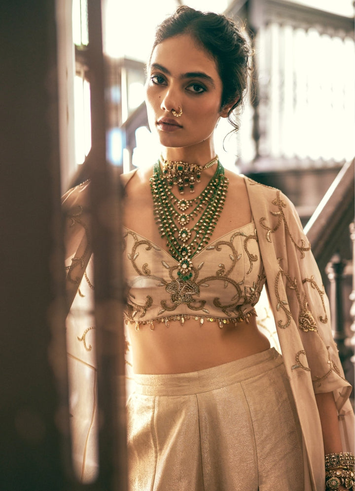 Muted Beige Jamavar Silk Palazzo Cape Set Paulmi and Harsh - Fabilicious Fashion