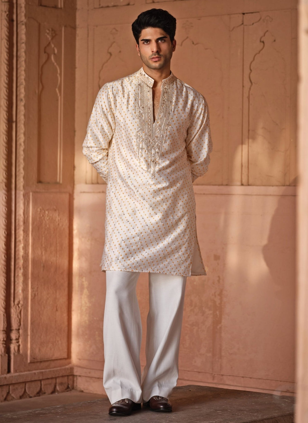 Darzi House Muted Beige Mirror Chanderi Kurta Pants SetFabilicious Fashion