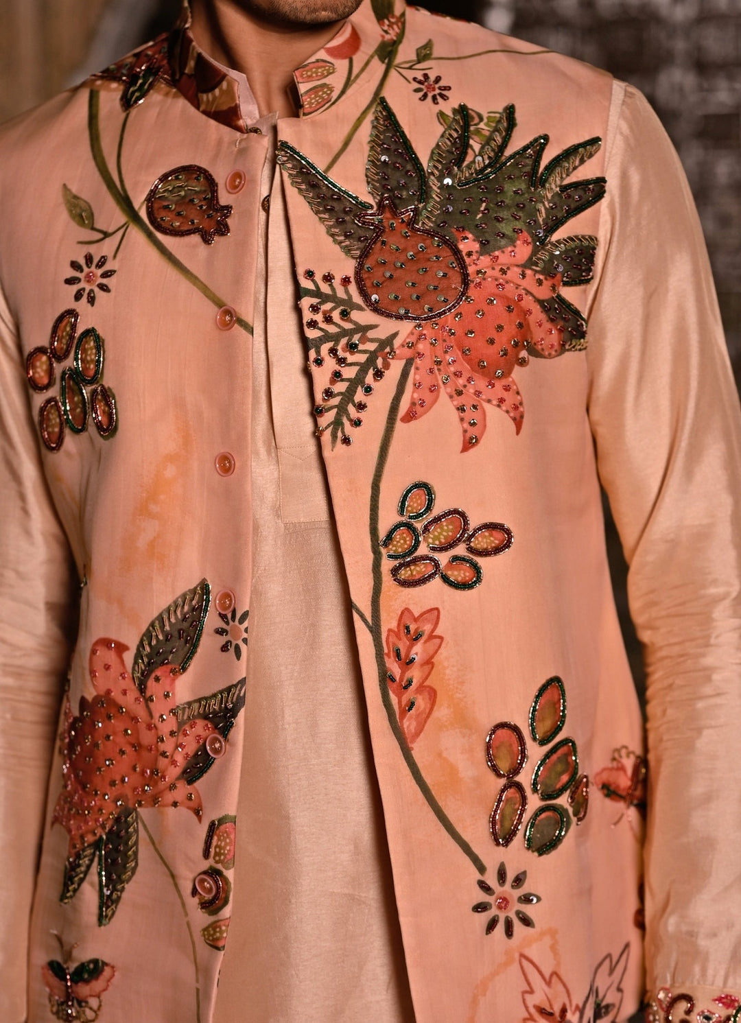 Juhi Bengani - Men Muted Beige Pink Kurta Set with Printed Organza BundiFabilicious Fashion