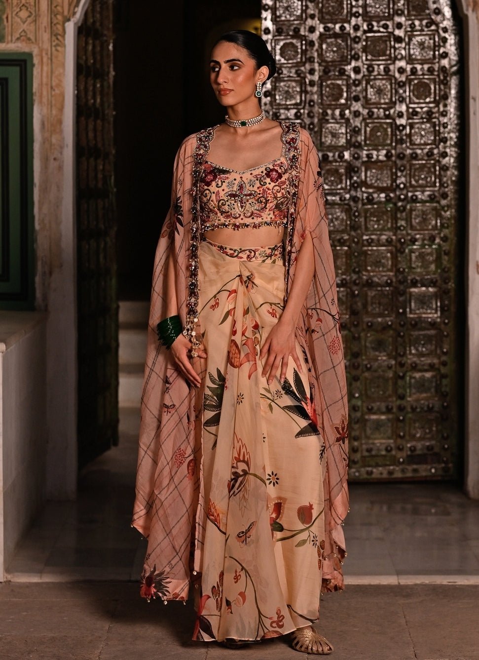 Juhi Bengani Muted Beige Pink Printed Organza Cowl Skirt Set With CapeFabilicious Fashion