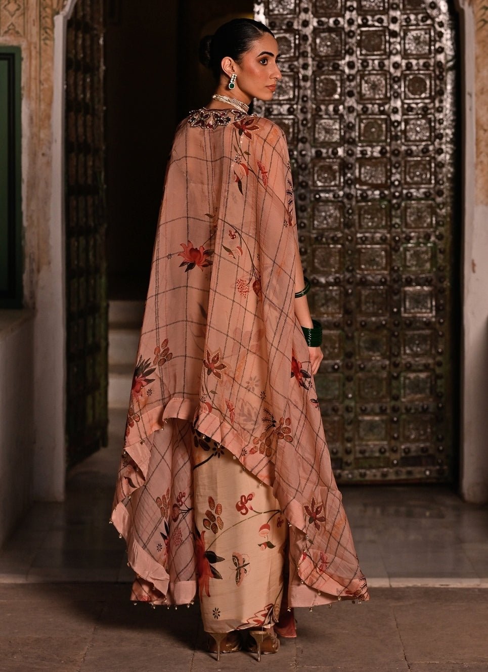 Juhi Bengani Muted Beige Pink Printed Organza Cowl Skirt Set With CapeFabilicious Fashion