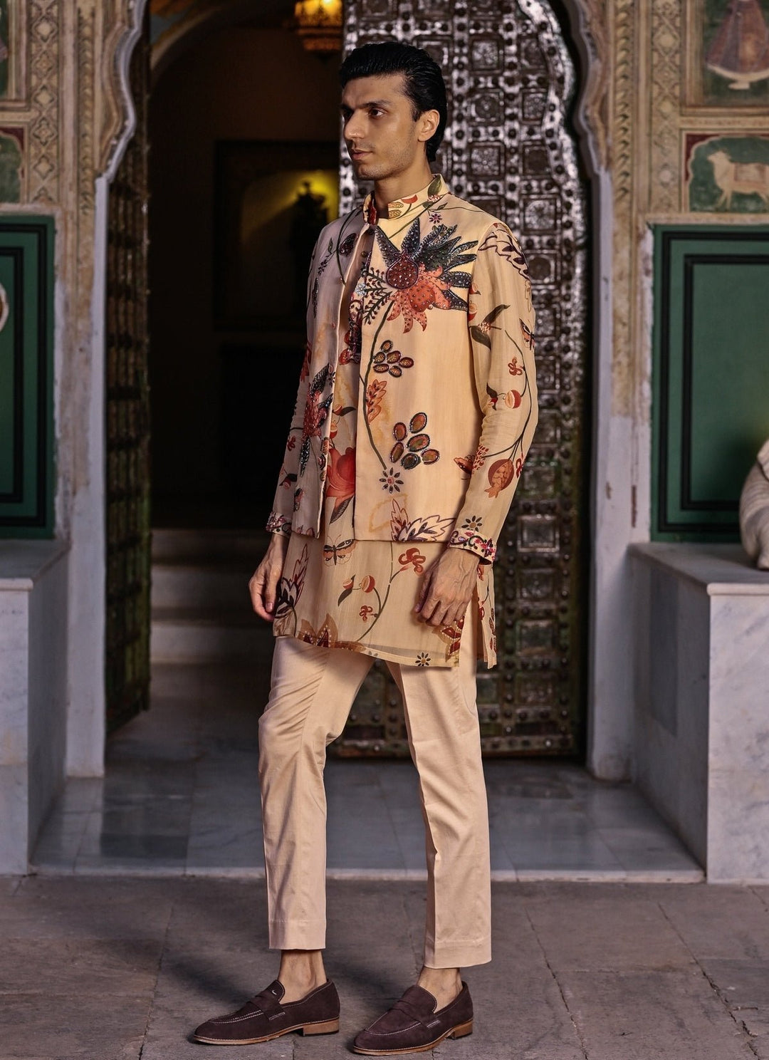 Juhi Bengani - Men Muted Beige Pink Printed Organza Kurta Set with BundiFabilicious Fashion
