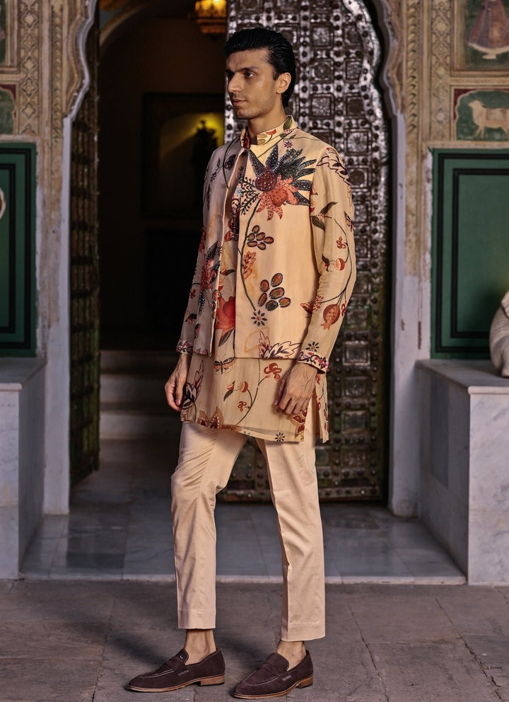 Juhi Bengani - Men Muted Beige Pink Printed Organza Kurta Set with BundiFabilicious Fashion