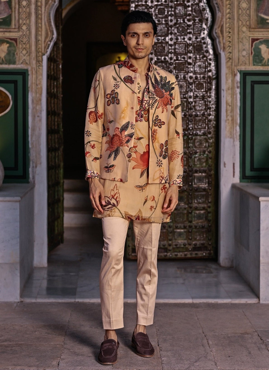Juhi Bengani - Men Muted Beige Pink Printed Organza Kurta Set with BundiFabilicious Fashion
