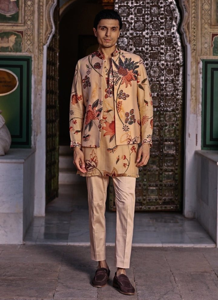 Juhi Bengani - Men Muted Beige Pink Printed Organza Kurta Set with BundiFabilicious Fashion