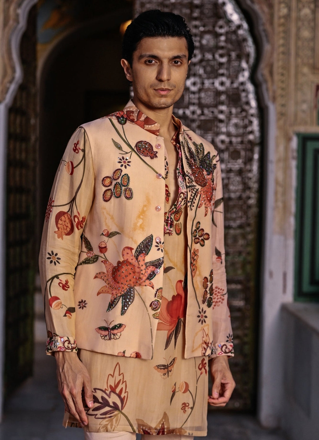 Juhi Bengani - Men Muted Beige Pink Printed Organza Kurta Set with BundiFabilicious Fashion