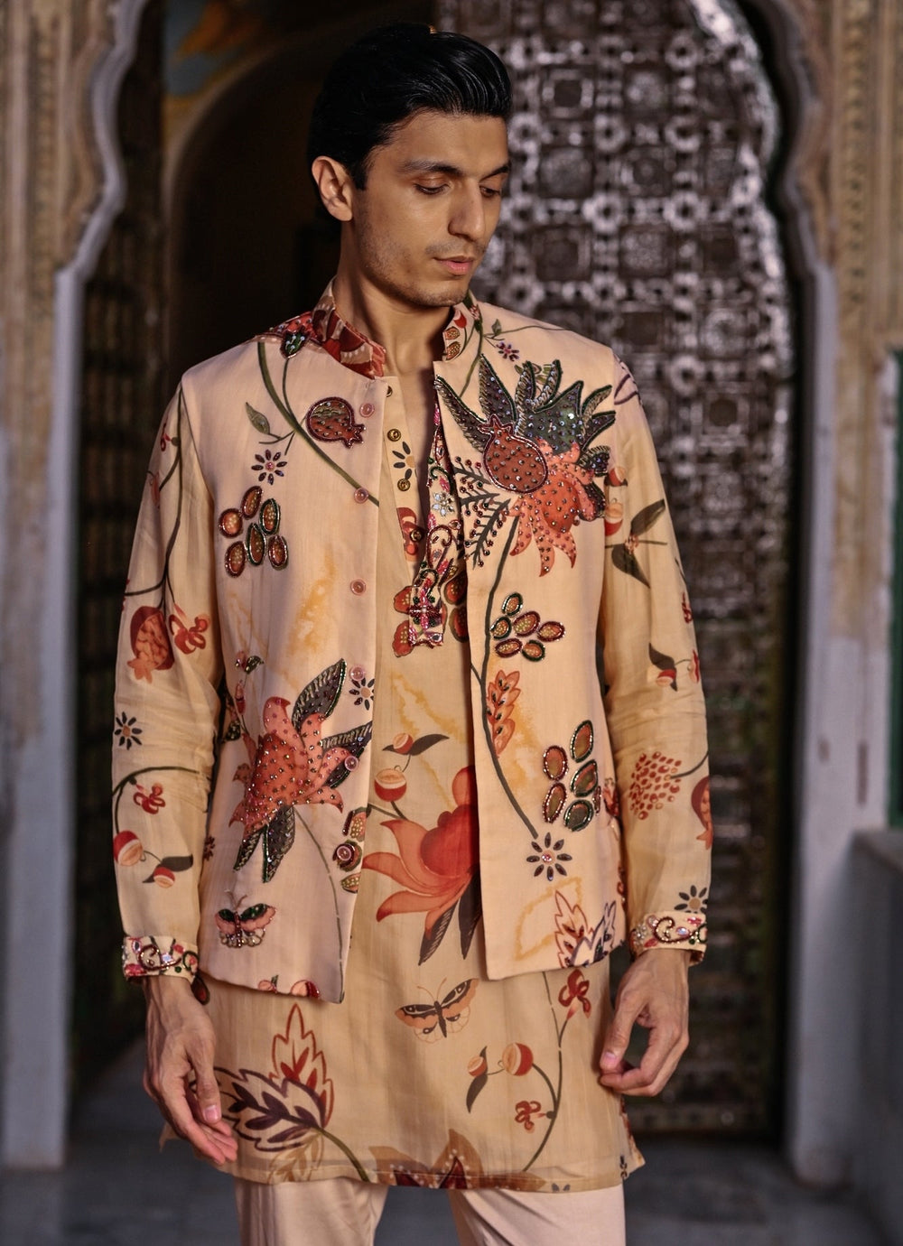 Juhi Bengani - Men Muted Beige Pink Printed Organza Kurta Set with BundiFabilicious Fashion