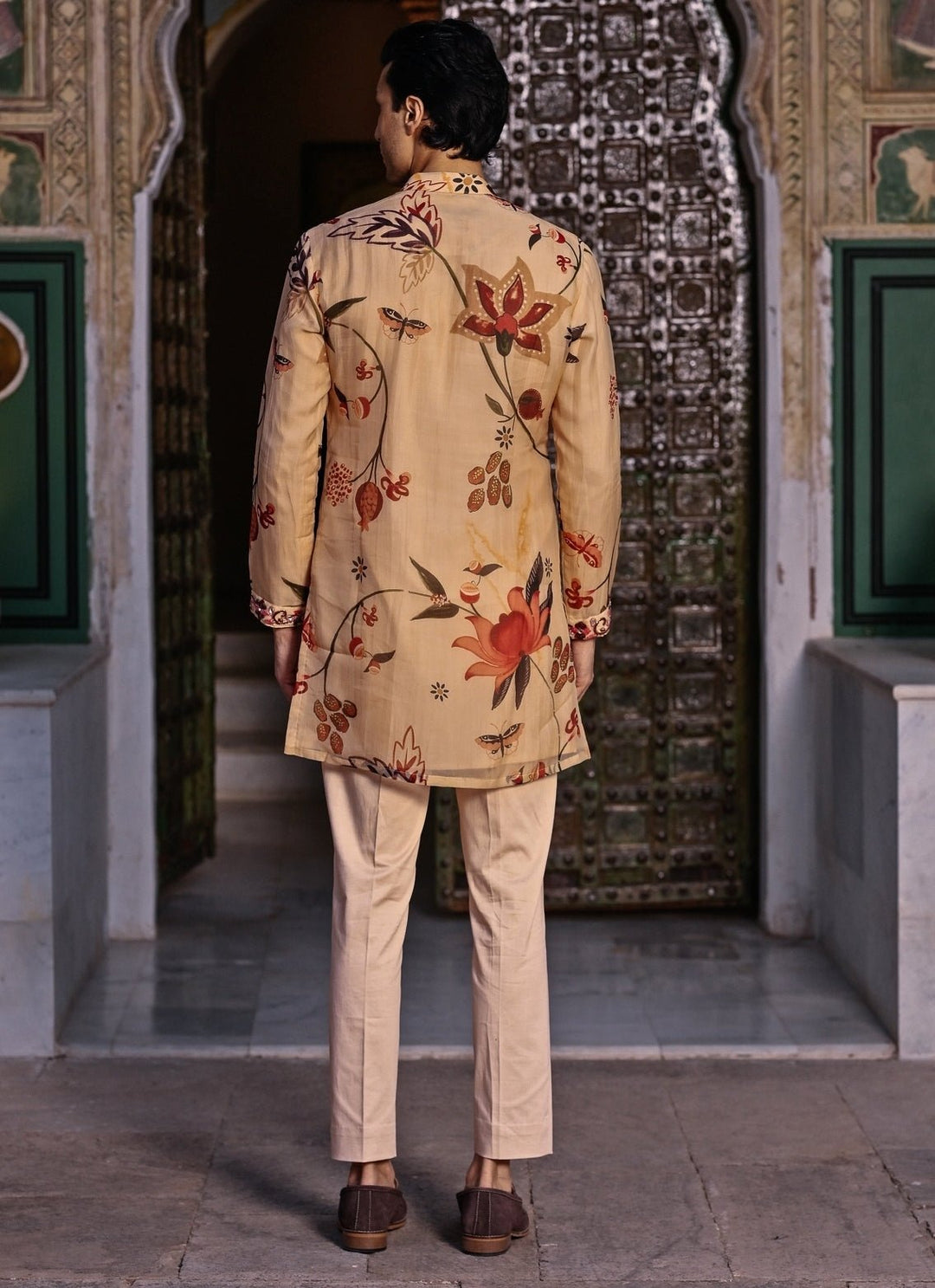 Juhi Bengani - Men Muted Beige Pink Printed Organza KurtaFabilicious Fashion