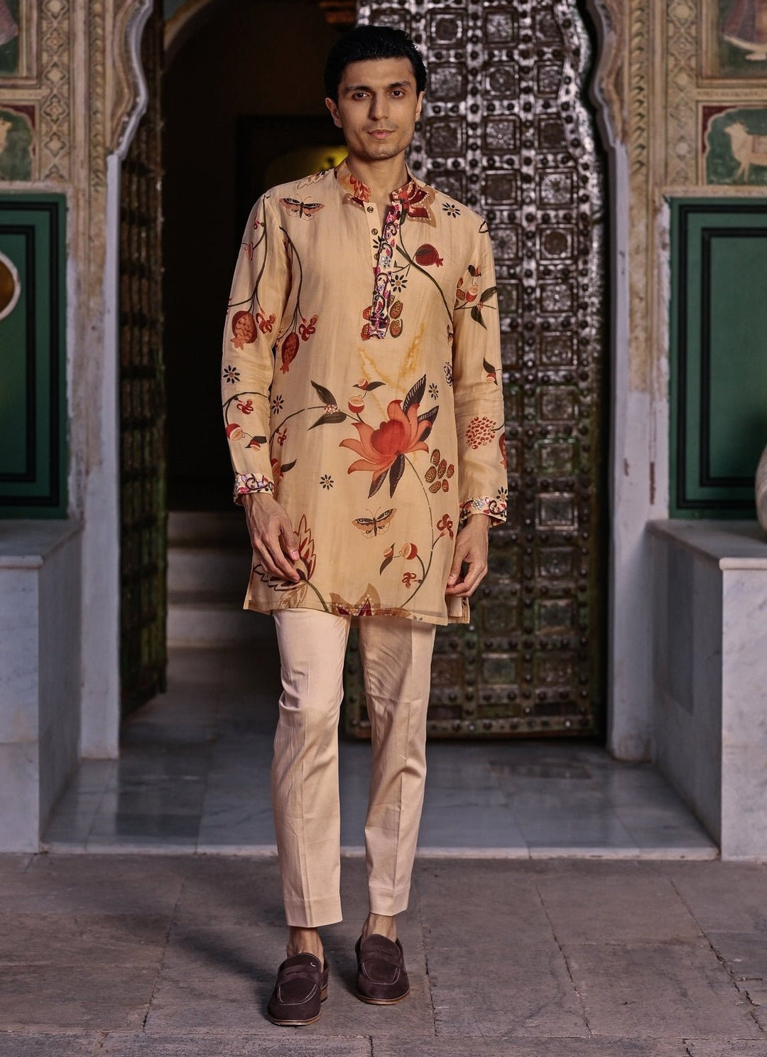 Juhi Bengani - Men Muted Beige Pink Printed Organza KurtaFabilicious Fashion