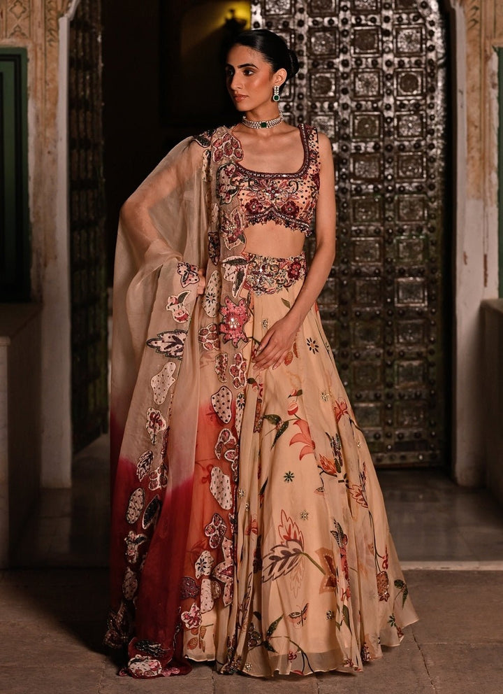 Juhi Bengani Muted Beige Pink Printed Organza Lehenga SetFabilicious Fashion