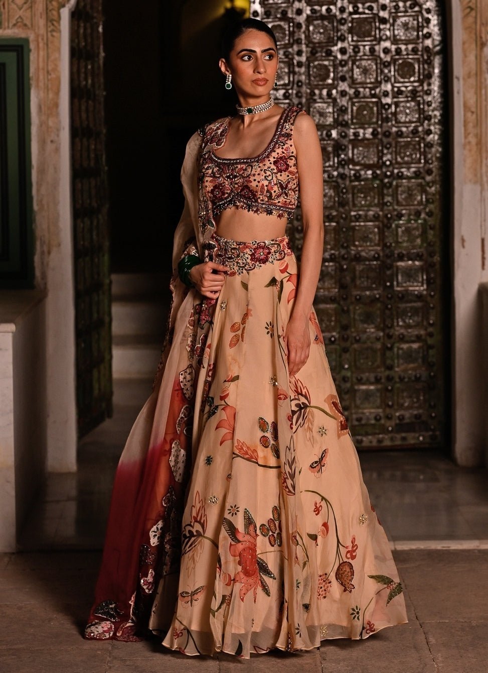Juhi Bengani Muted Beige Pink Printed Organza Lehenga SetFabilicious Fashion