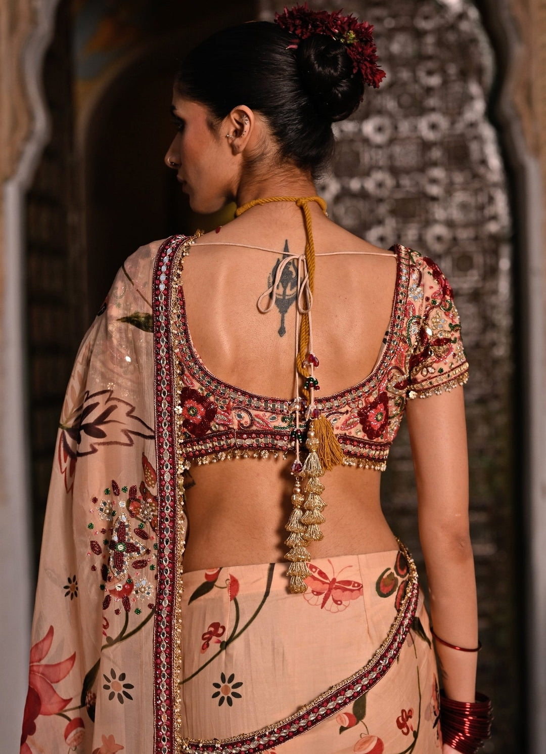 Juhi Bengani Muted Beige Pink Printed Organza Pre-Draped SareeFabilicious Fashion