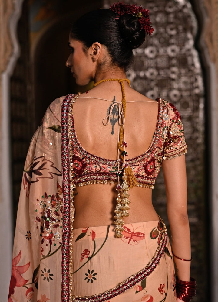 Juhi Bengani Muted Beige Pink Printed Organza Pre-Draped SareeFabilicious Fashion