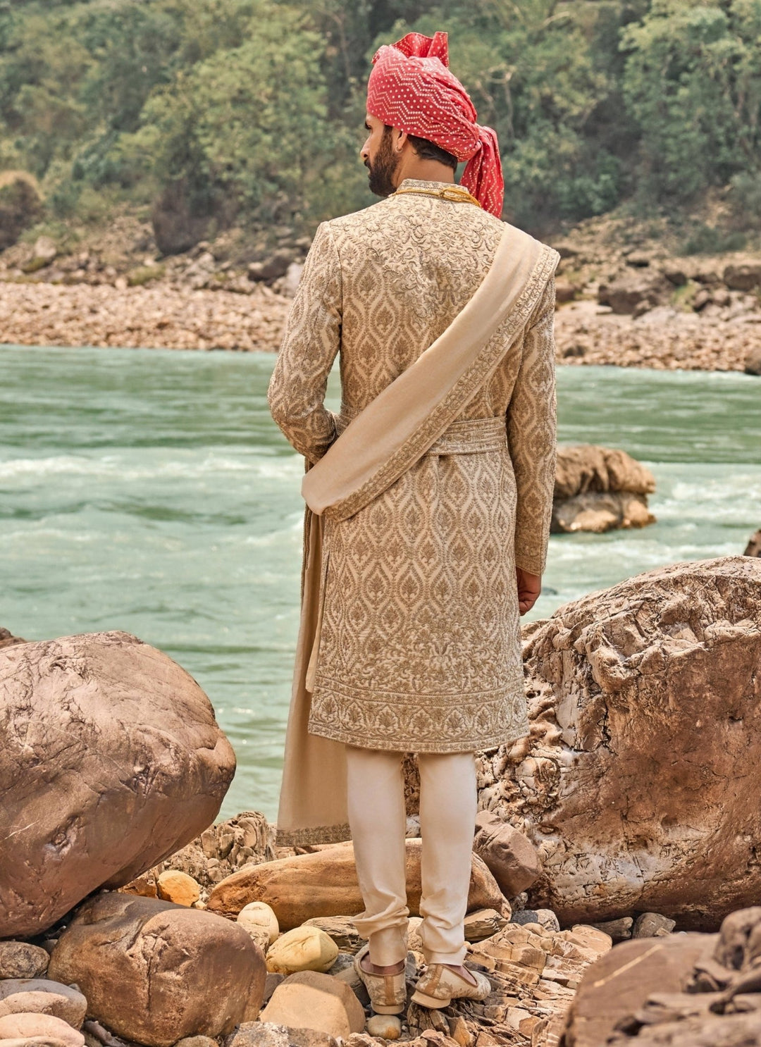 Nitika Gujral - Men Muted Beige Raw Silk Sherwani SetFabilicious Fashion