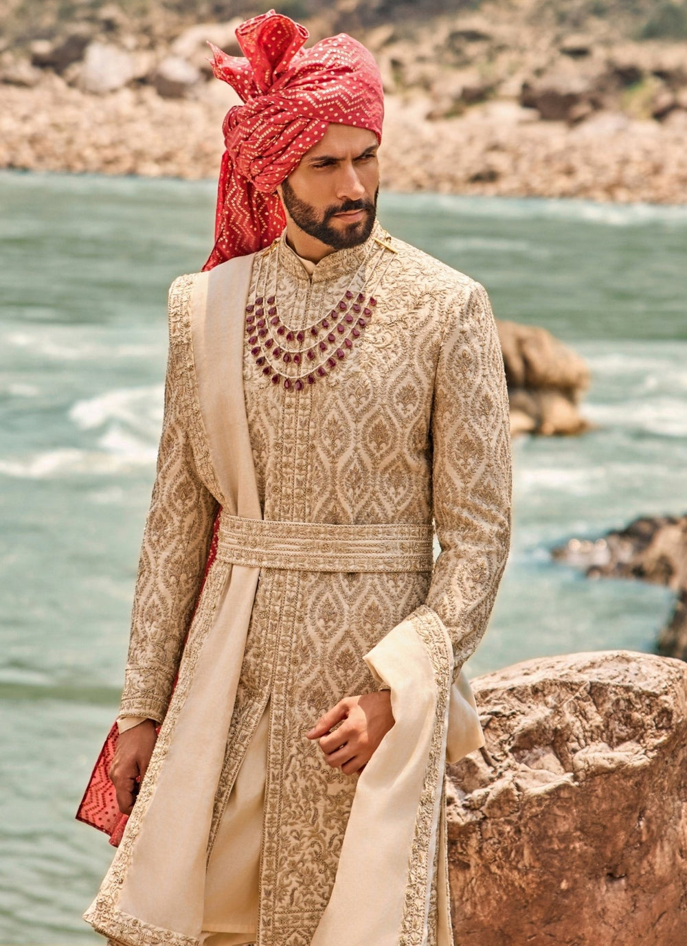 Nitika Gujral - Men Muted Beige Raw Silk Sherwani SetFabilicious Fashion