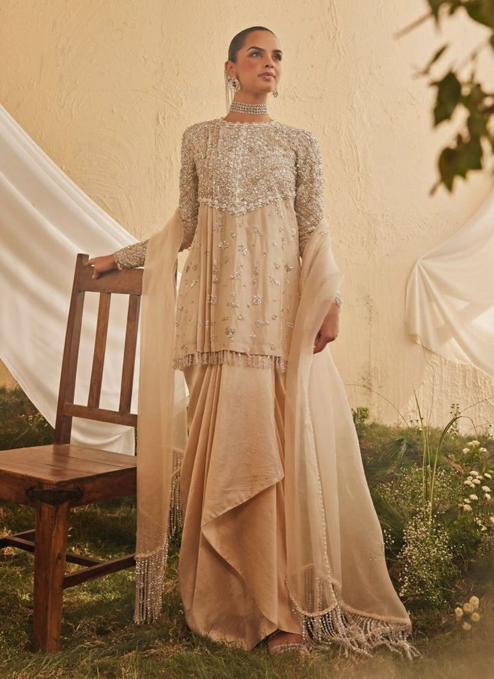 Mani Bhatia Muted Beige Silk Kurta With Drape Skirt And DupattaFabilicious Fashion