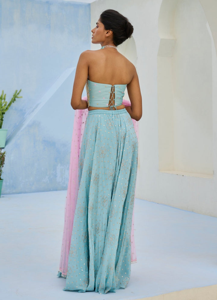 Muted Blue And Pink Crepe Corset Pants Set Chamee and Palak - Fabilicious Fashion