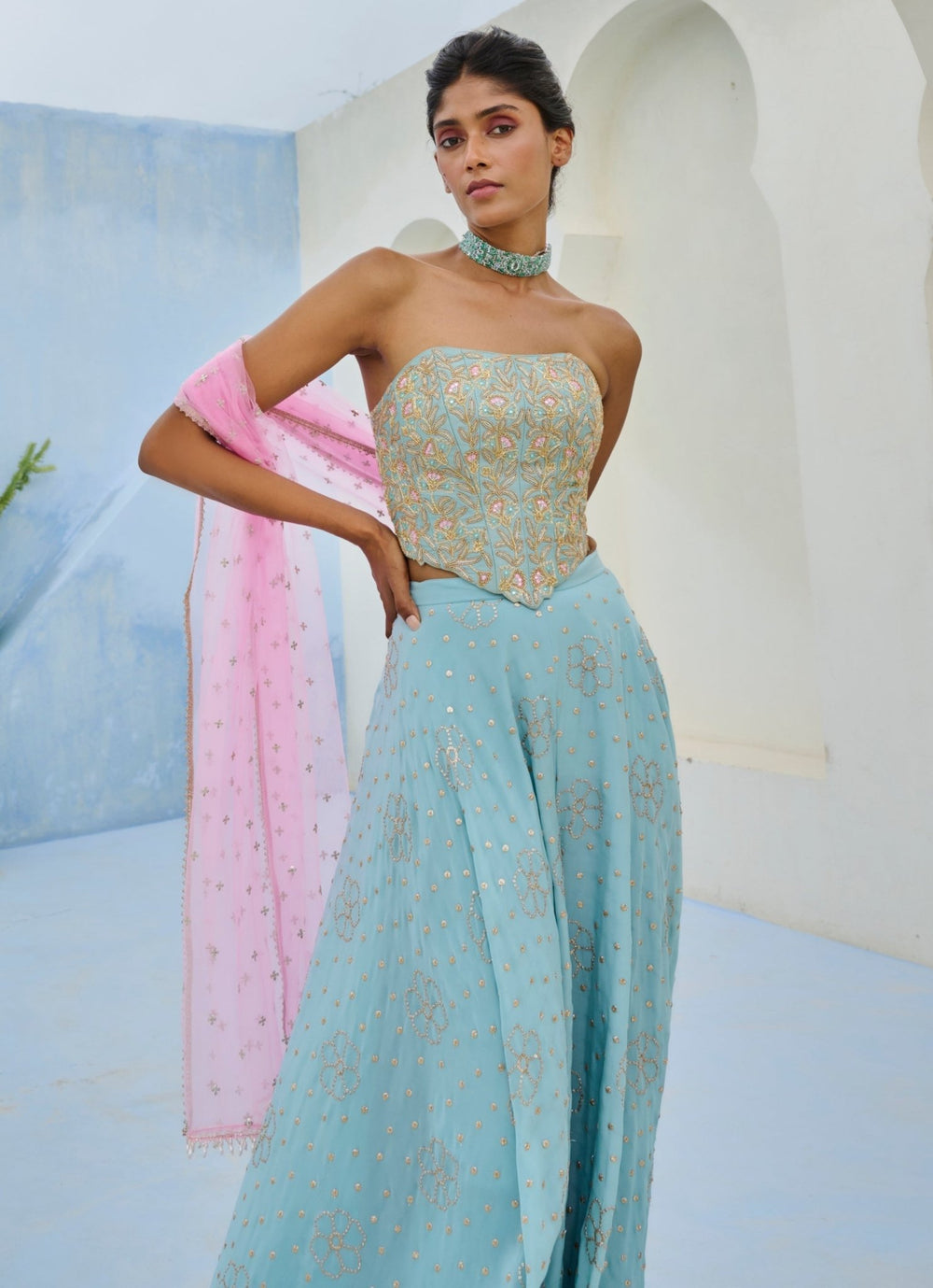Muted Blue And Pink Crepe Corset Pants Set Chamee and Palak - Fabilicious Fashion