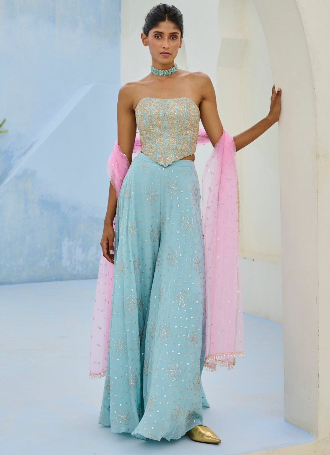Muted Blue And Pink Crepe Corset Pants Set Chamee and Palak - Fabilicious Fashion