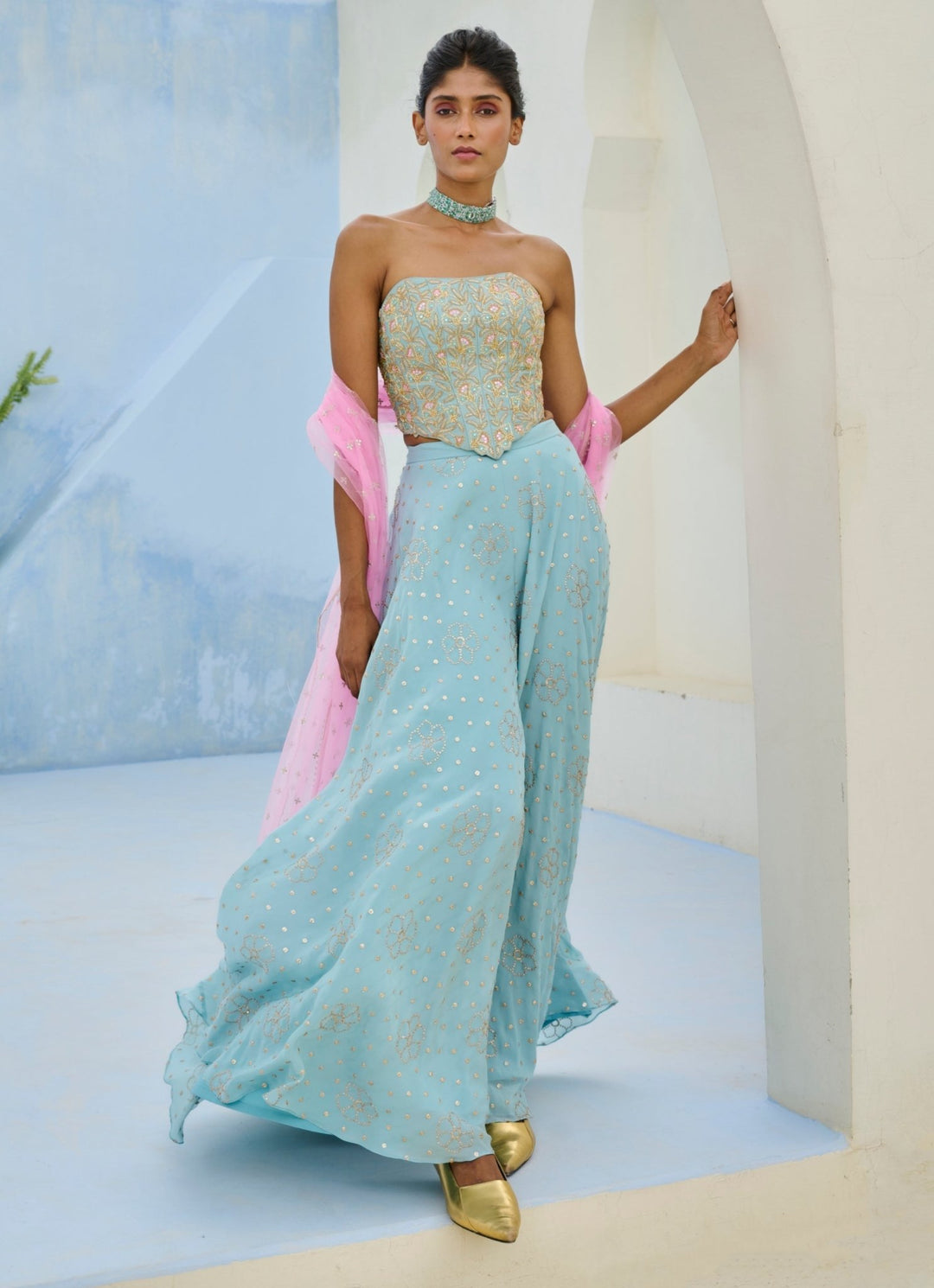 Muted Blue And Pink Crepe Corset Pants Set Chamee and Palak - Fabilicious Fashion