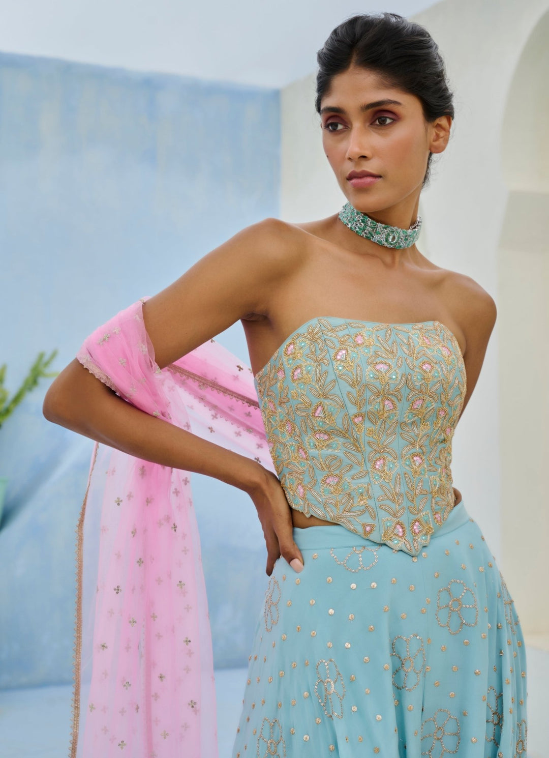 Muted Blue And Pink Crepe Corset Pants Set Chamee and Palak - Fabilicious Fashion