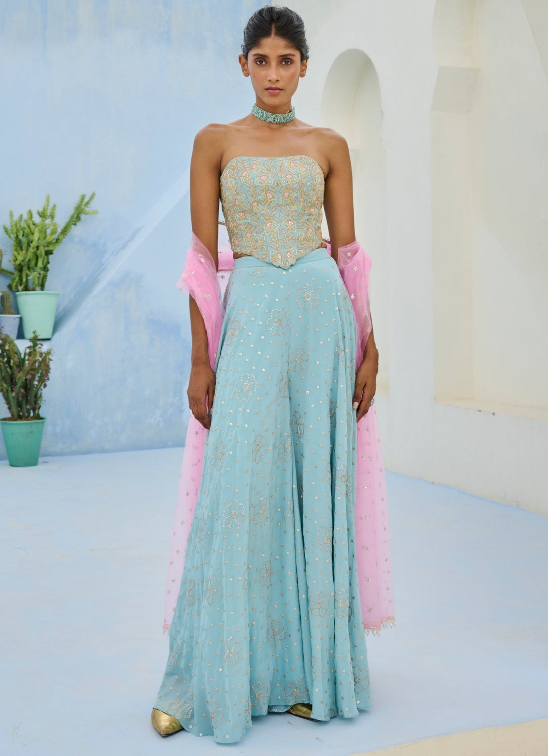 Muted Blue And Pink Crepe Corset Pants Set Chamee and Palak - Fabilicious Fashion