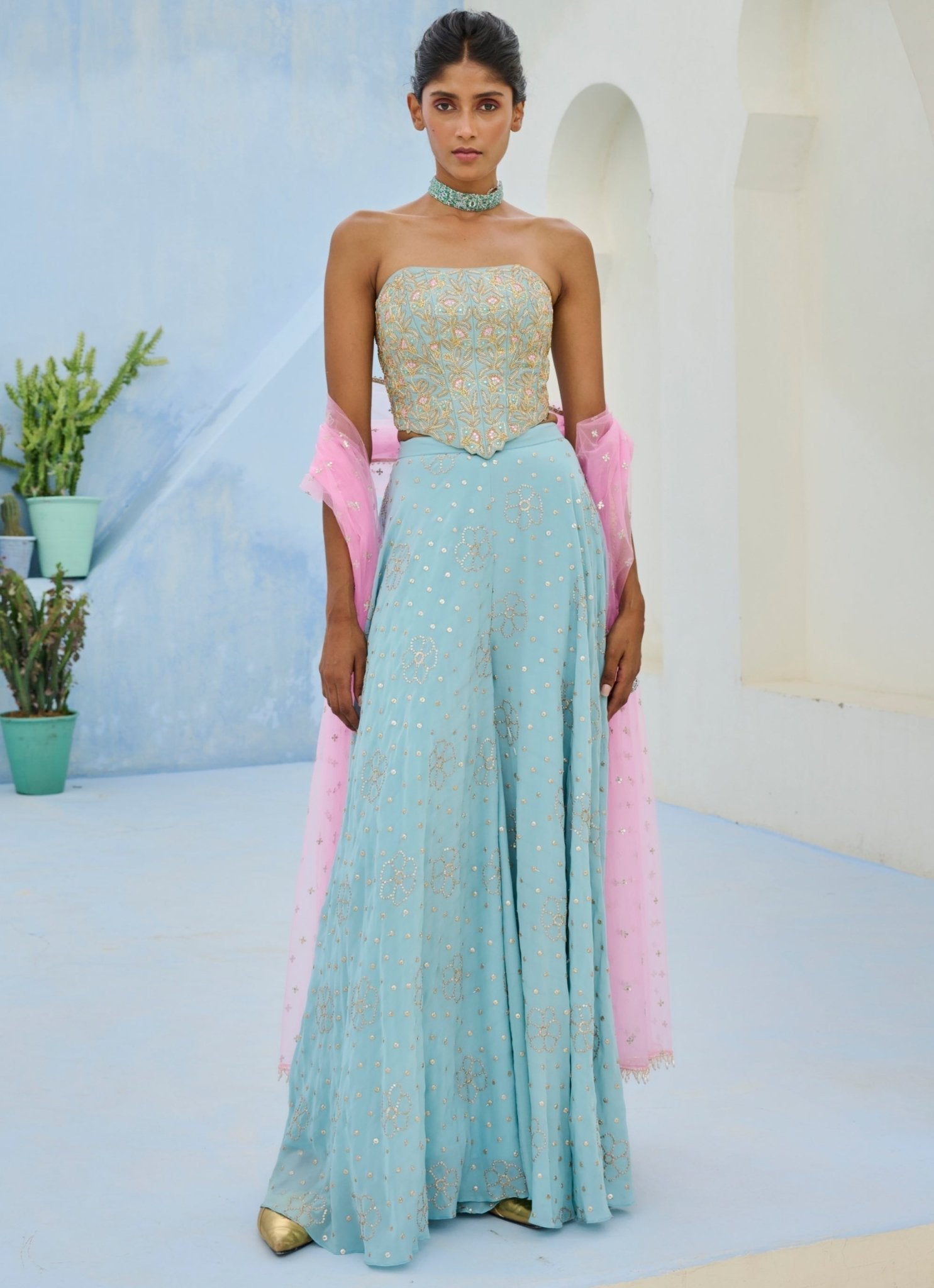 Chamee and Palak muted blue and pink corset pants set — indo western corset trend 2026