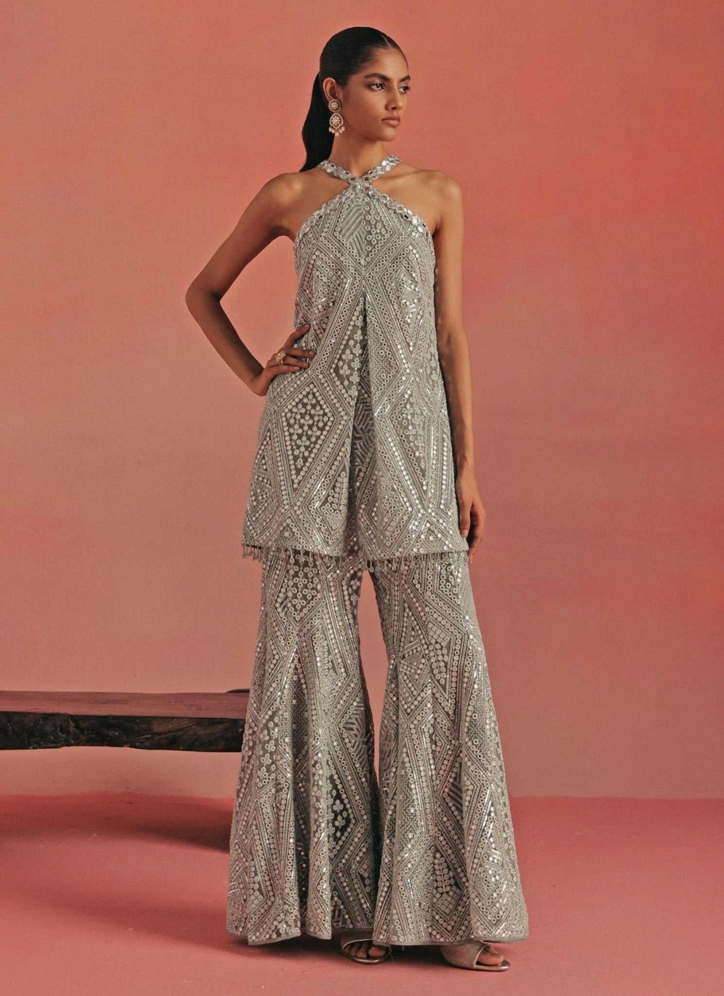 Muted blue soft-net kurta pants set for a sangeet wedding guest