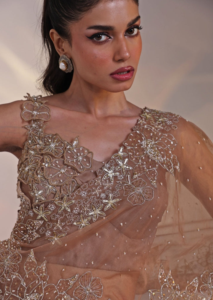 Muted Brown Chinon Lehenga Set With Cape Smriti - Fabilicious Fashion