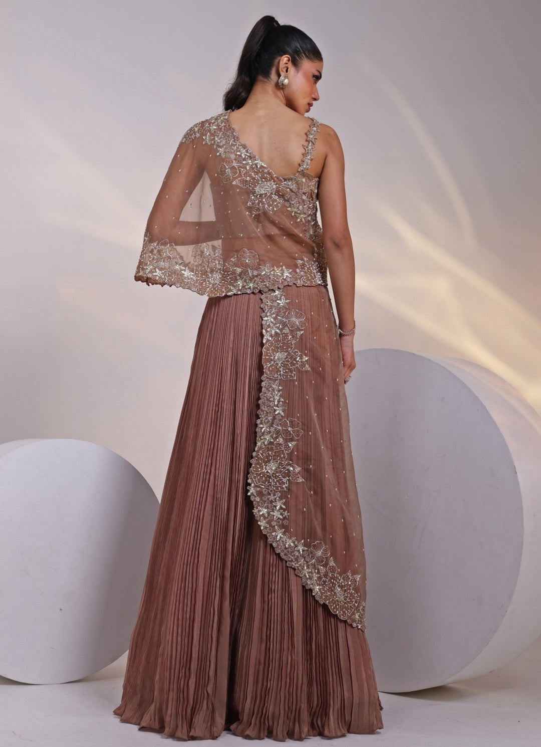 Muted Brown Chinon Lehenga Set With Cape Smriti - Fabilicious Fashion