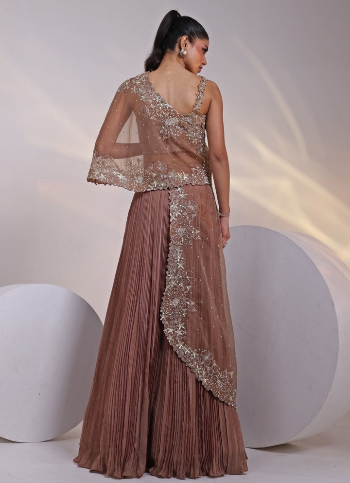 Muted Brown Chinon Lehenga Set With Cape Smriti - Fabilicious Fashion