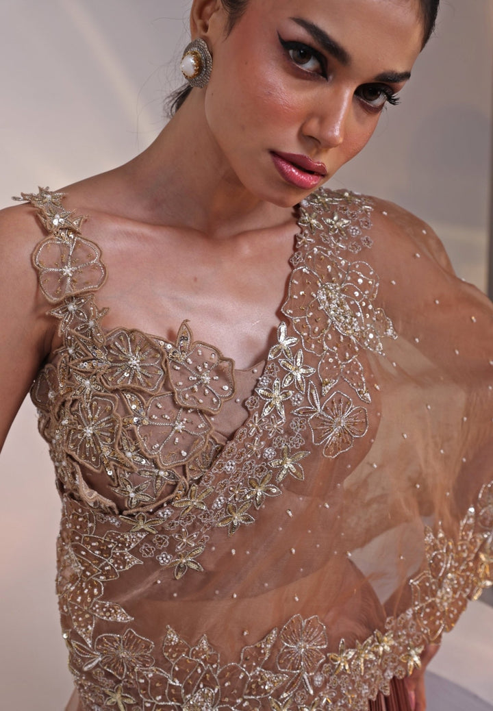 Muted Brown Chinon Lehenga Set With Cape Smriti - Fabilicious Fashion