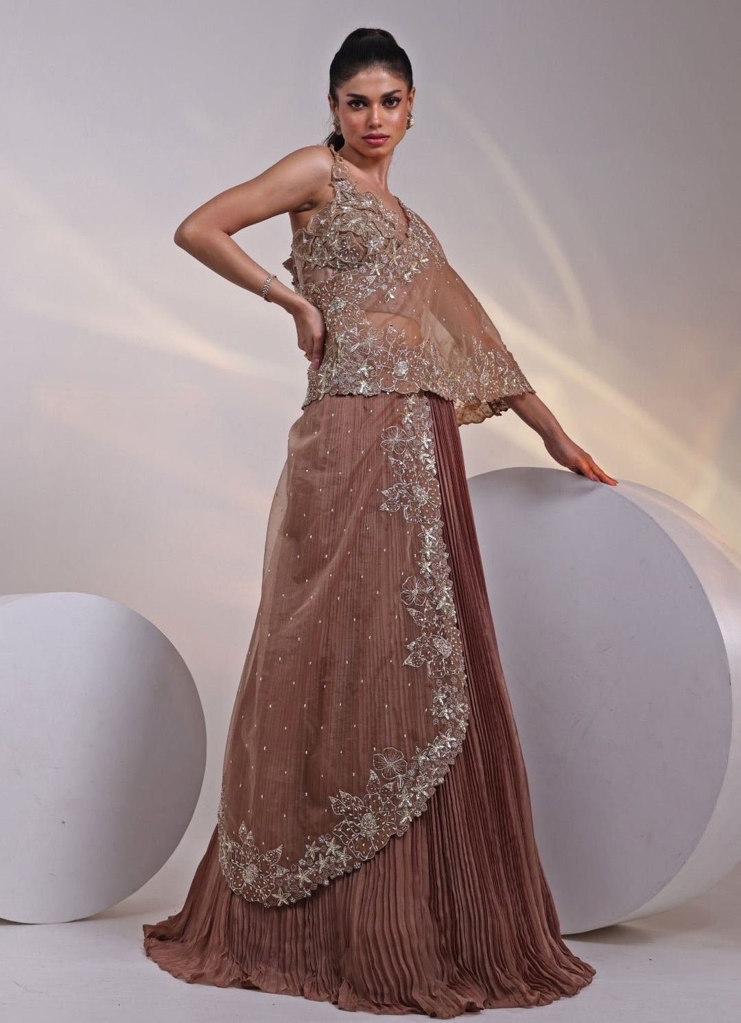 Muted Brown Chinon Lehenga Set With Cape Smriti - Fabilicious Fashion