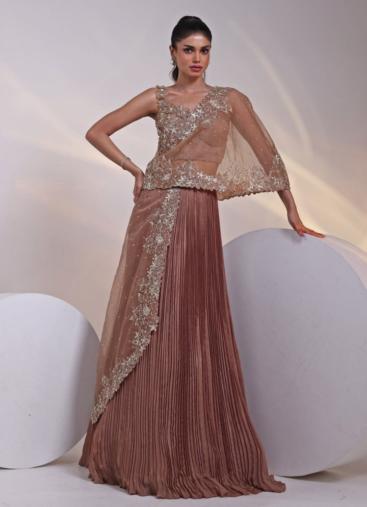 Muted Brown Chinon Lehenga Set With Cape Smriti - Fabilicious Fashion