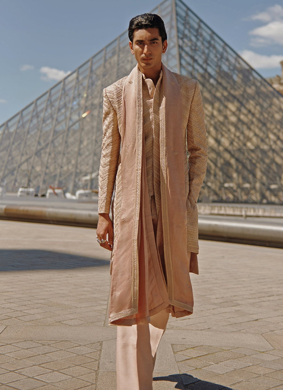 Muted Brown Embroidered Silk Kurta Sherwani Set Jigar and Nikita - Fabilicious Fashion