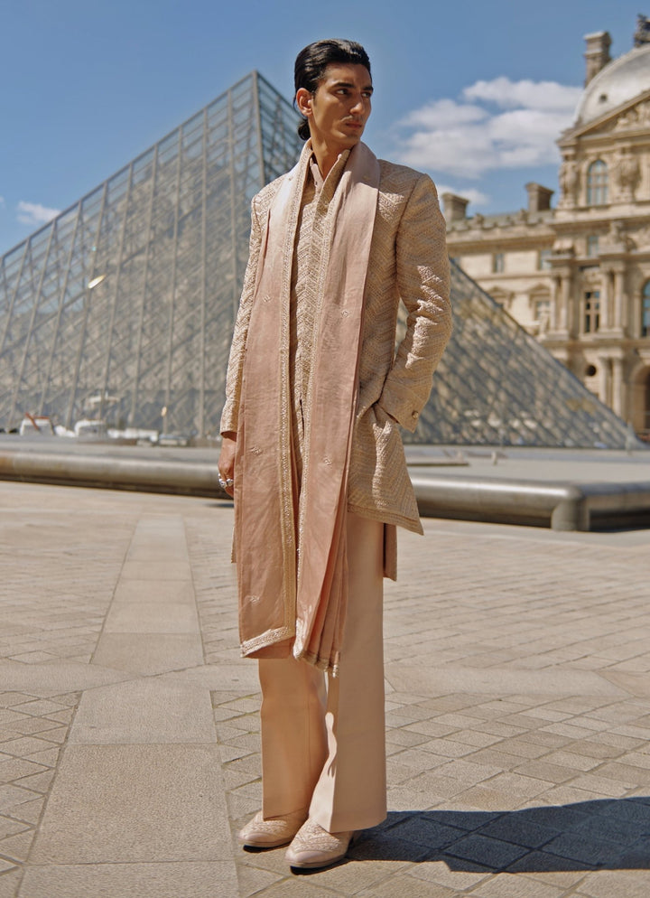 Muted Brown Embroidered Silk Kurta Sherwani Set Jigar and Nikita - Fabilicious Fashion
