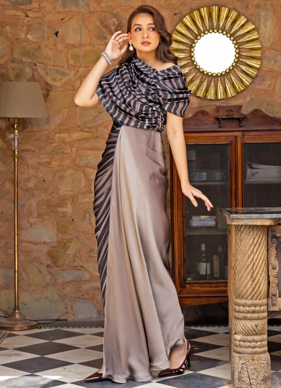 Studio Surbhi Muted Brown Georgette Satin One Shoulder GownFabilicious Fashion
