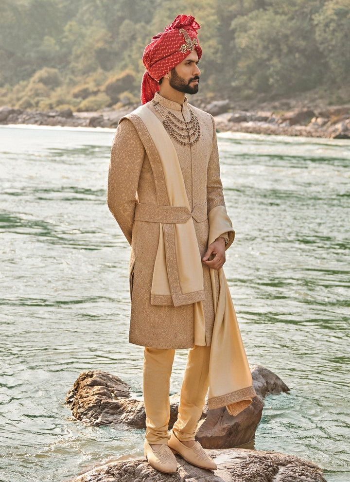 Nitika Gujral - Men Muted Brown Raw Silk Sherwani SetFabilicious Fashion