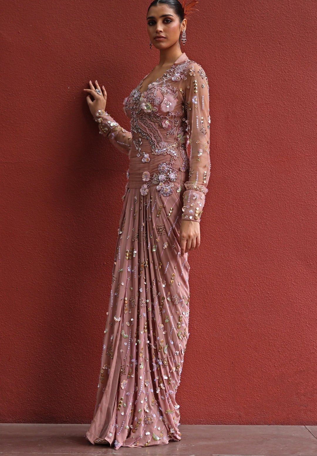 Muted Gold And Peach Georgette Concept Saree Moledro - Fabilicious Fashion