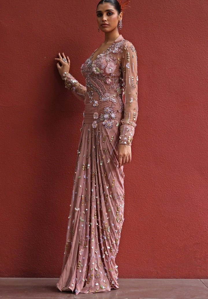 Muted Gold And Peach Georgette Concept Saree Moledro - Fabilicious Fashion